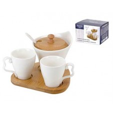 Сервиз чайный ENS Naturel (Сахарница с ложкой + 2 чашки на бамбуковой подставке)200/100мл  17,5x15x11см